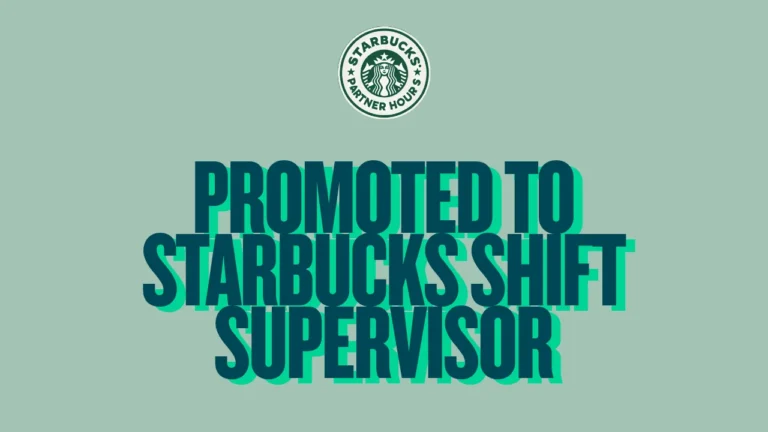 Smiling barista proudly wearing a “Shift Supervisor” badge at Starbucks, celebrating a well-earned promotion—see how this milestone feels!